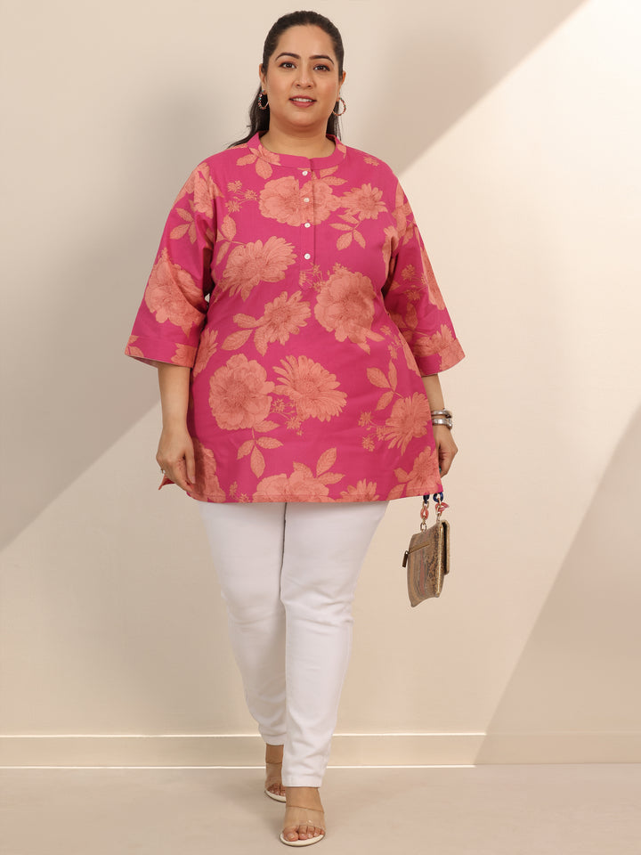 Plus Size Pink Printed Cotton Straight Short Kurti