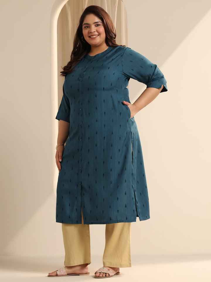 Plus Size Teal Woven Design Viscose Straight Kurta