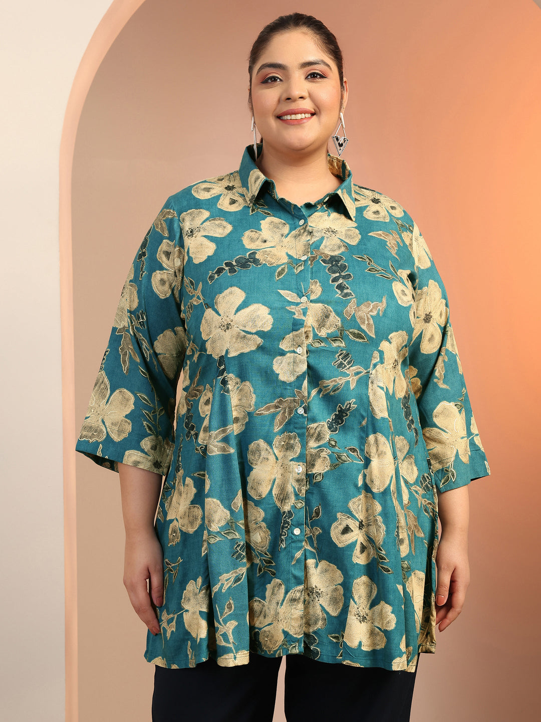 Plus Size Teal Printed Rayon A-line Short Kurti