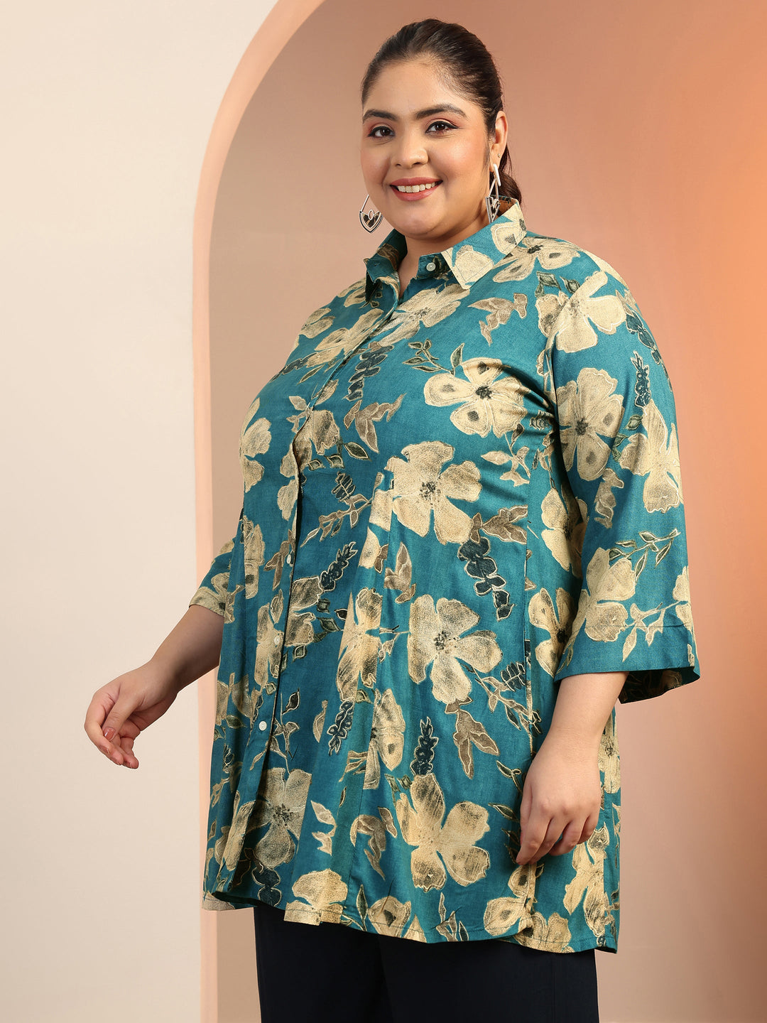 Plus Size Teal Printed Rayon A-line Short Kurti