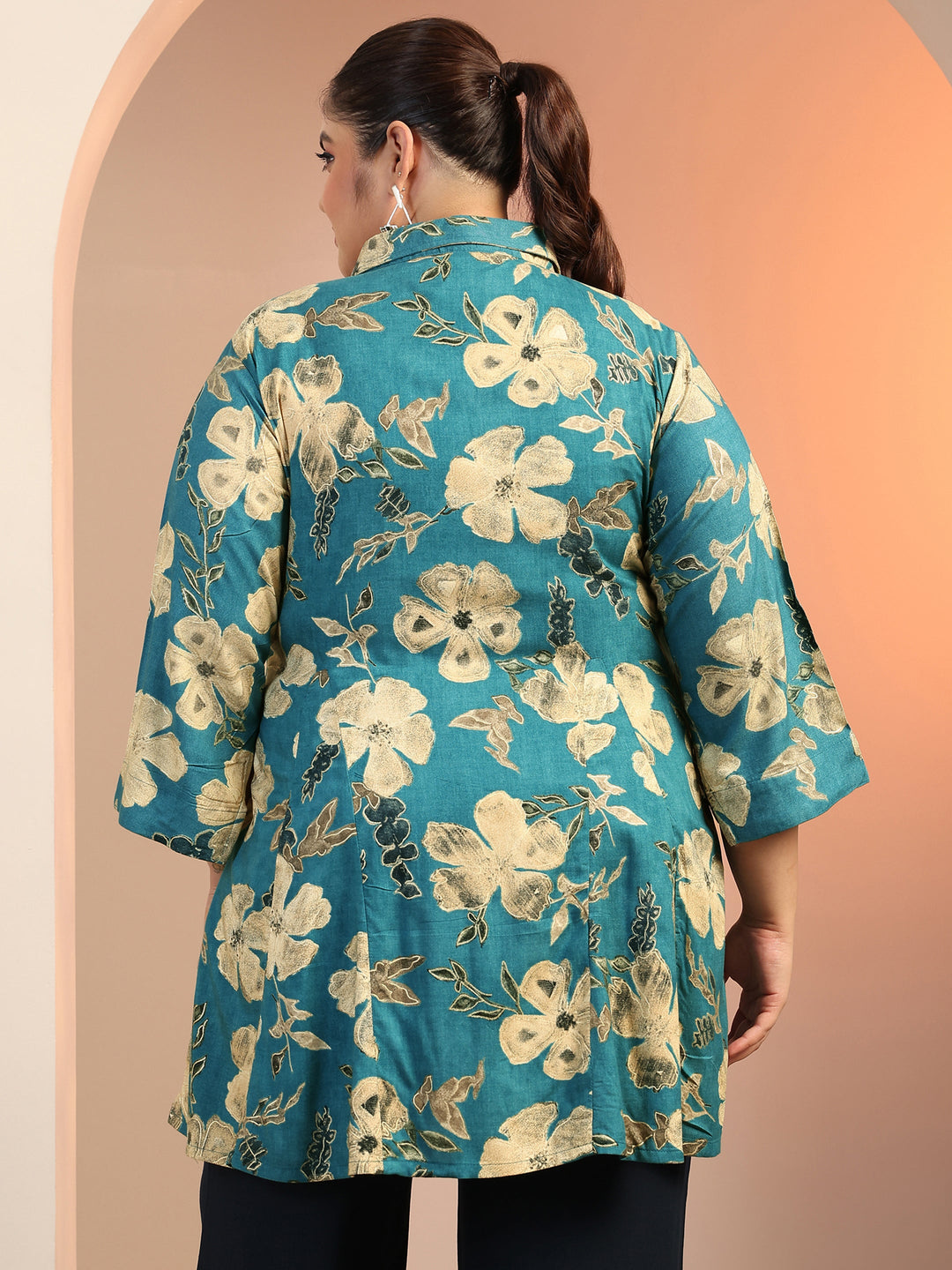 Plus Size Teal Printed Rayon A-line Short Kurti