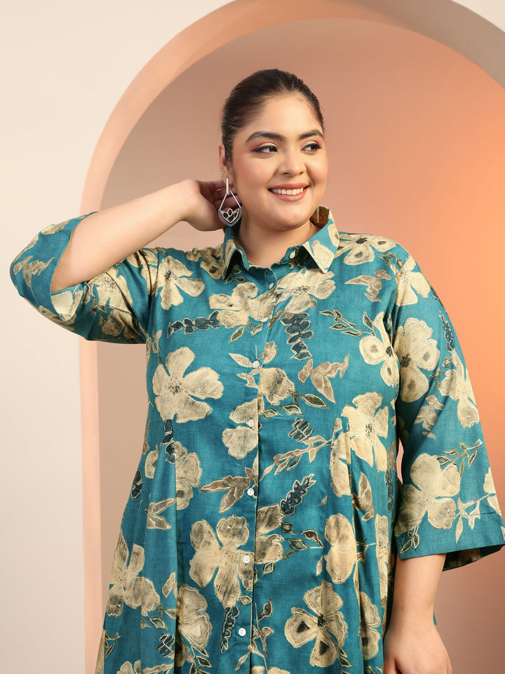 Plus Size Teal Printed Rayon A-line Short Kurti
