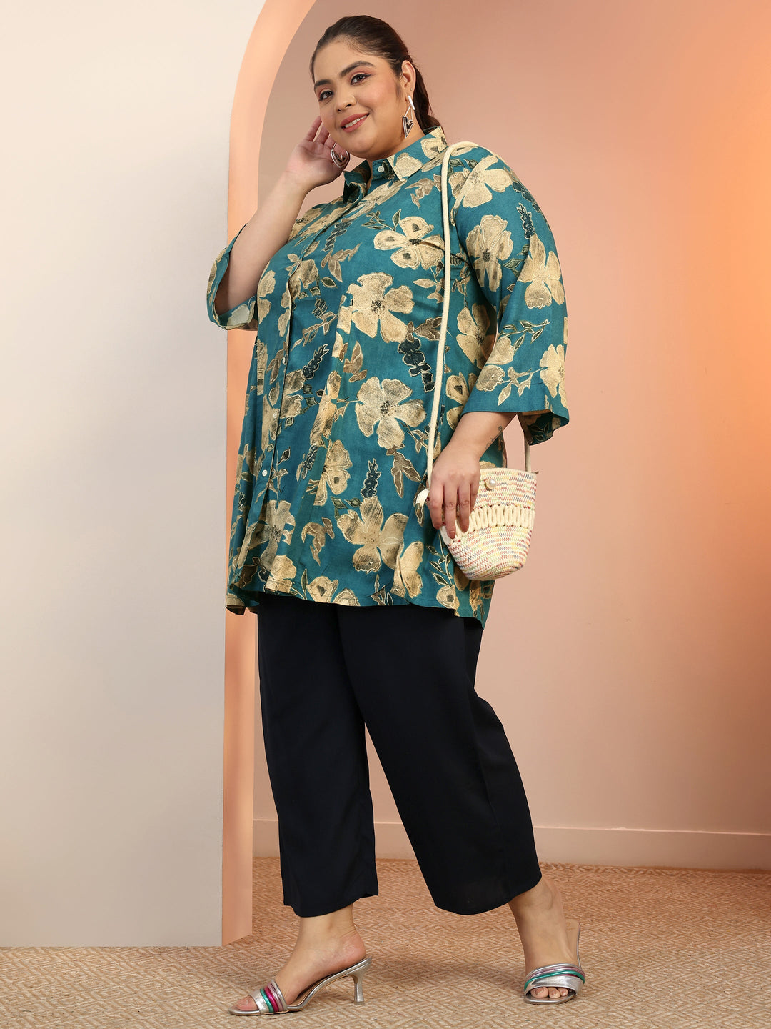 Plus Size Teal Printed Rayon A-line Short Kurti