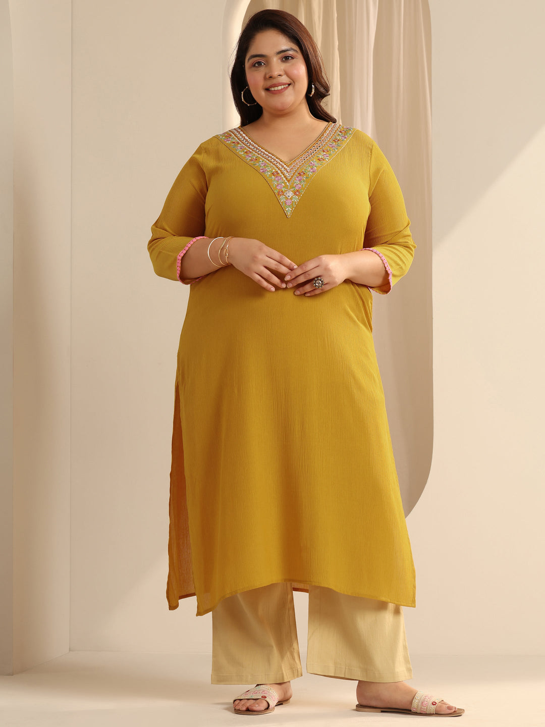 Mustard Yoke Design Silk blend Straight Kurta