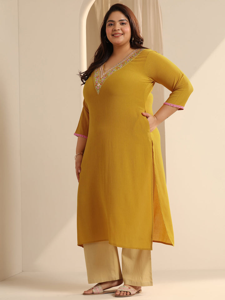 Mustard Yoke Design Silk blend Straight Kurta