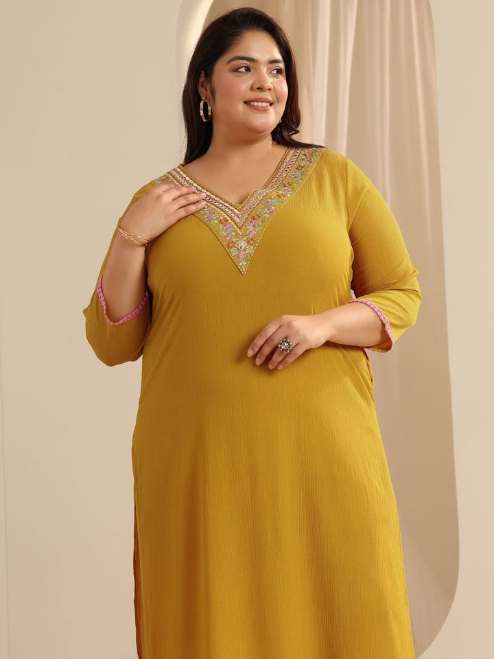 Mustard Yoke Design Silk blend Straight Kurta
