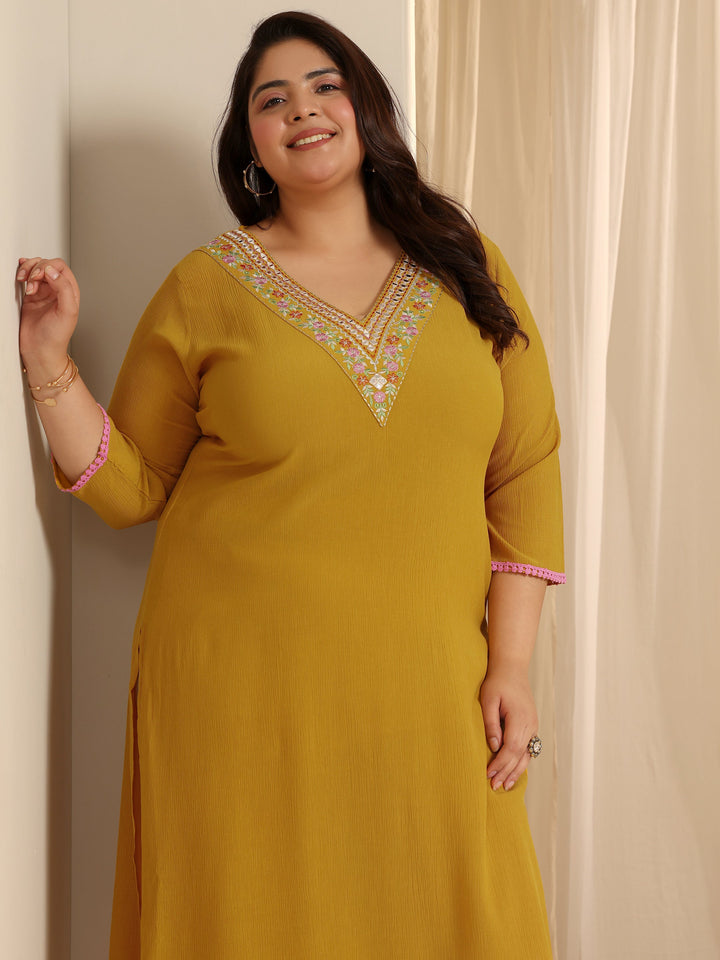Mustard Yoke Design Silk blend Straight Kurta