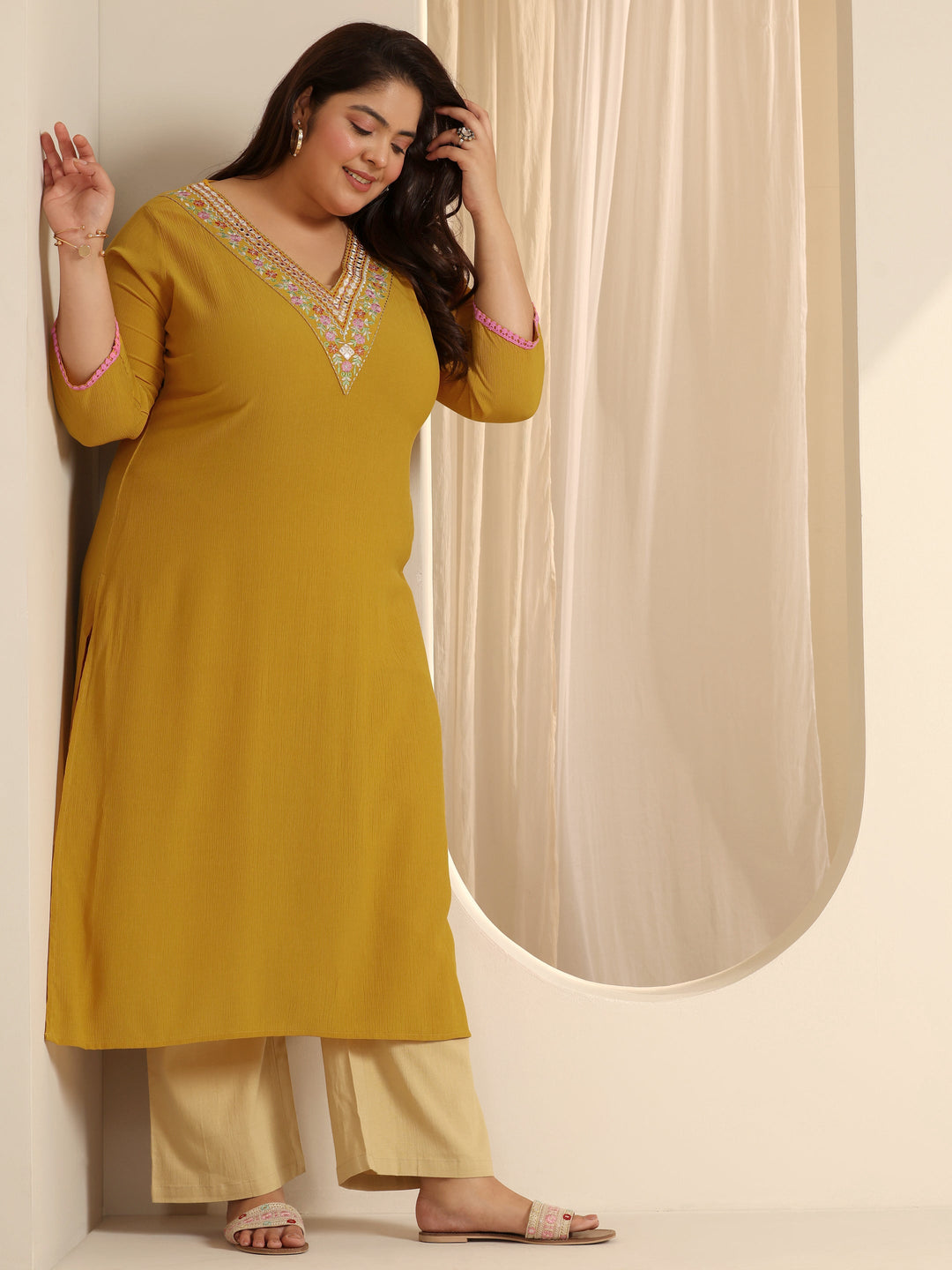 Mustard Yoke Design Silk blend Straight Kurta