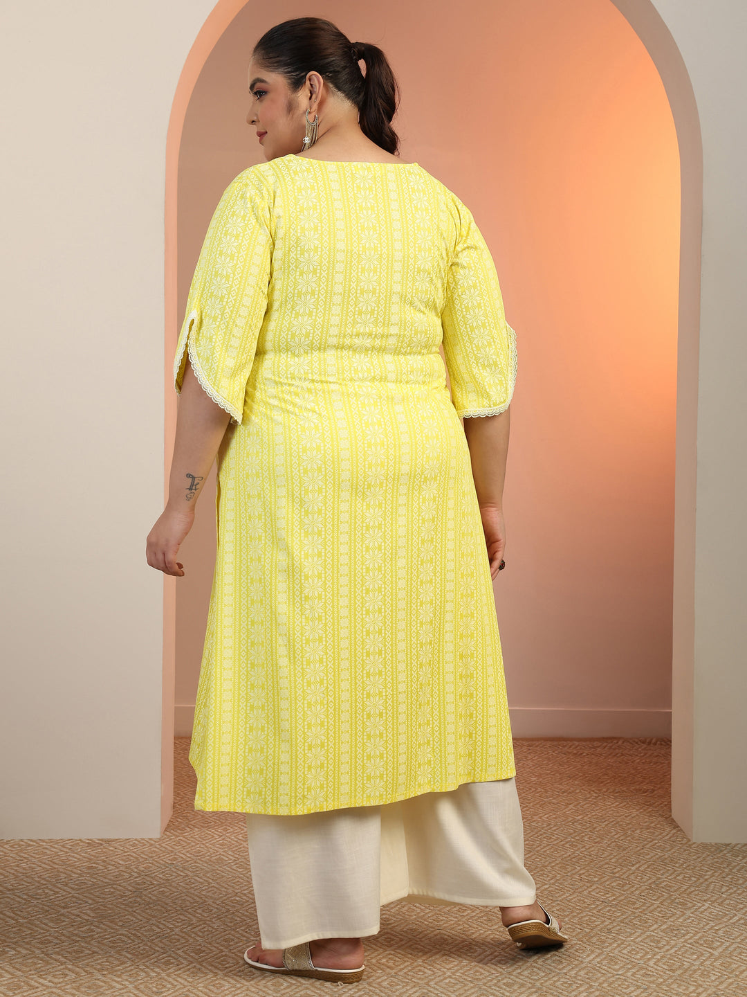 Plus Size Yellow Printed Rayon Straight Kurta