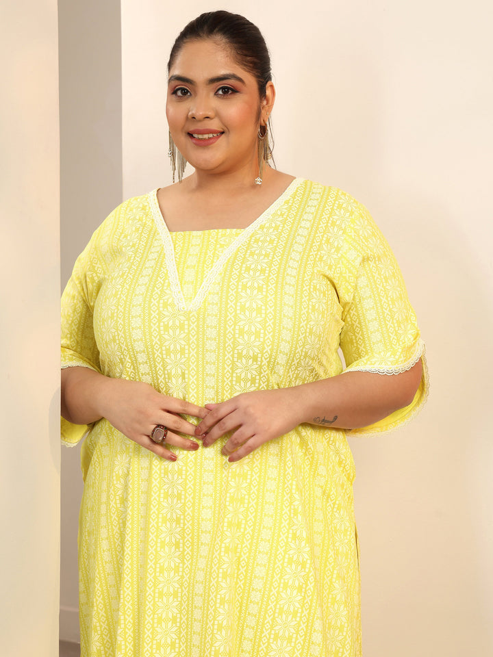 Plus Size Yellow Printed Rayon Straight Kurta