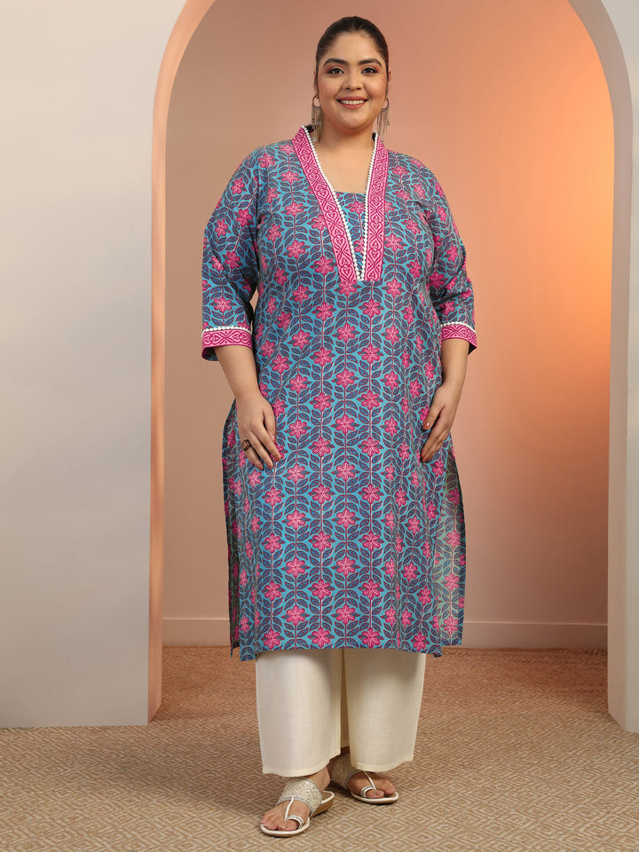 Plus Size Blue Printed Cotton Straight Kurta