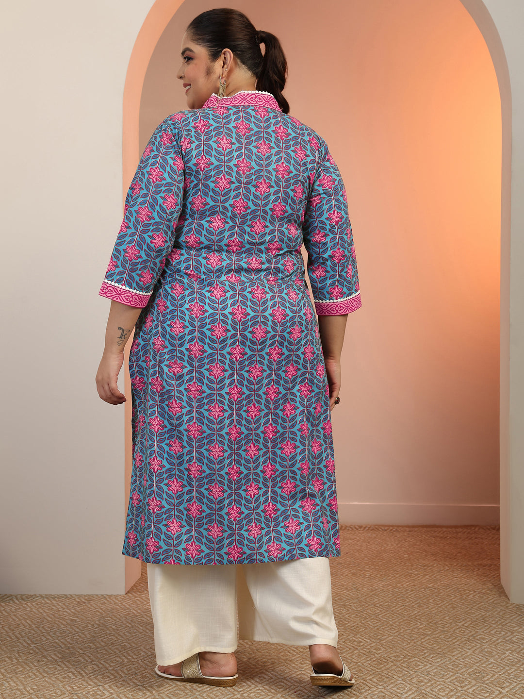 Plus Size Blue Printed Cotton Straight Kurta