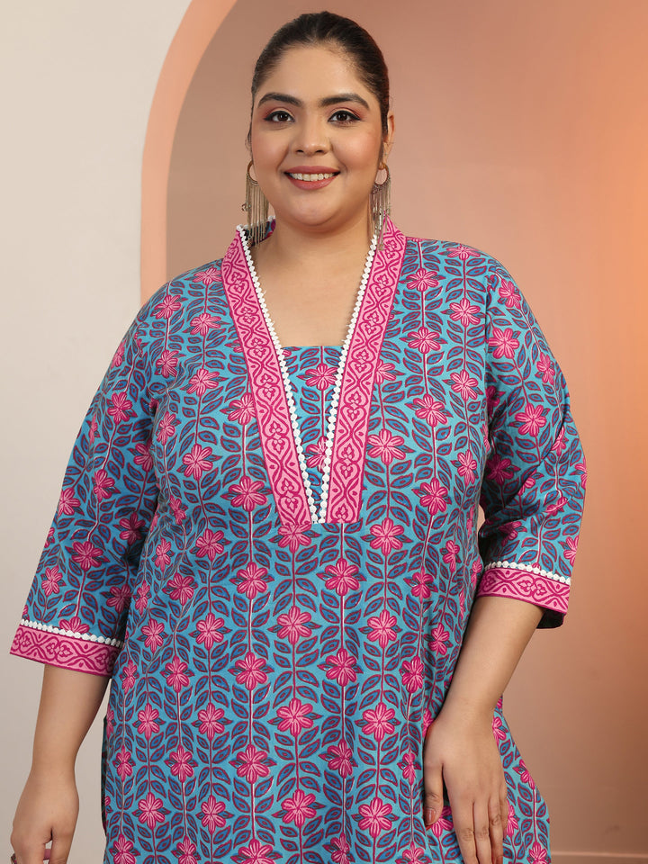 Plus Size Blue Printed Cotton Straight Kurta