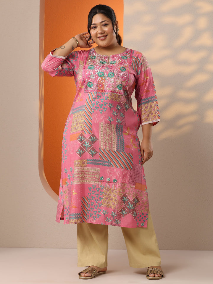 Plus Size Pink Printed Silk Blend Straight Kurta
