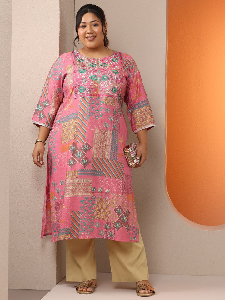 Plus Size Pink Printed Silk Blend Straight Kurta