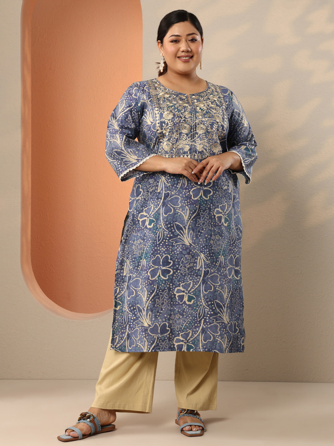 Plus Size Blue Embroidered Silk Blend Straight Kurta