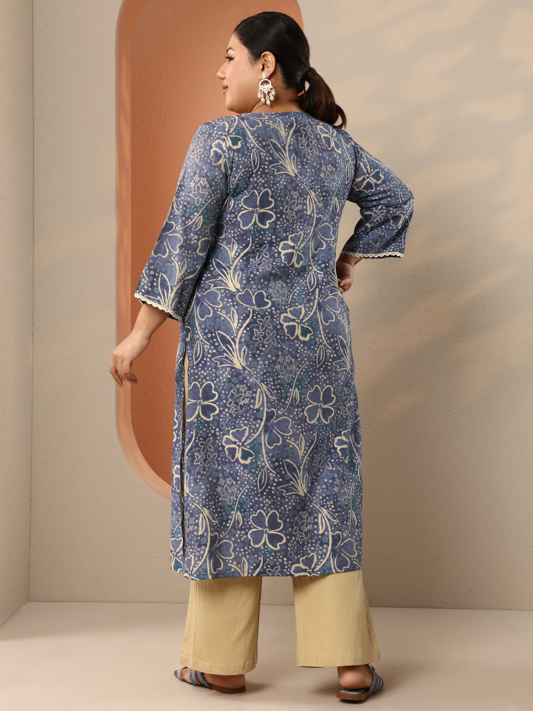 Plus Size Blue Embroidered Silk Blend Straight Kurta