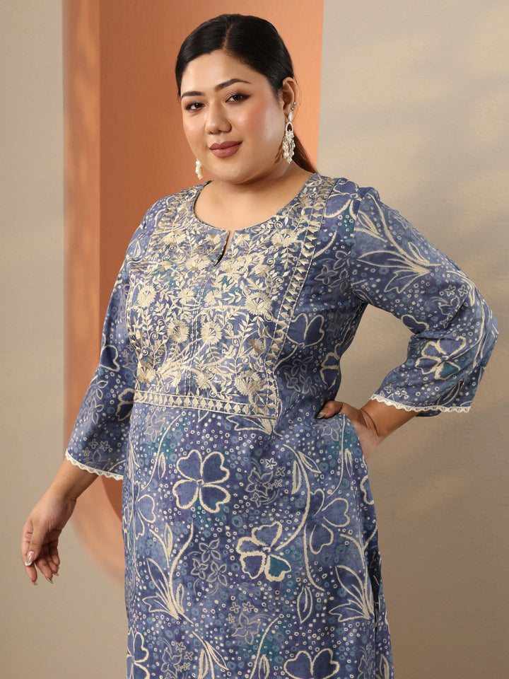 Plus Size Blue Embroidered Silk Blend Straight Kurta