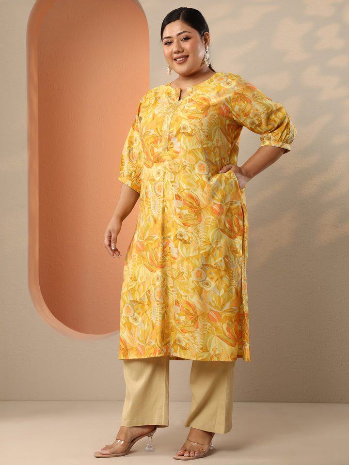 Plus Size Mustard Printed Silk Blend Straight Kurta