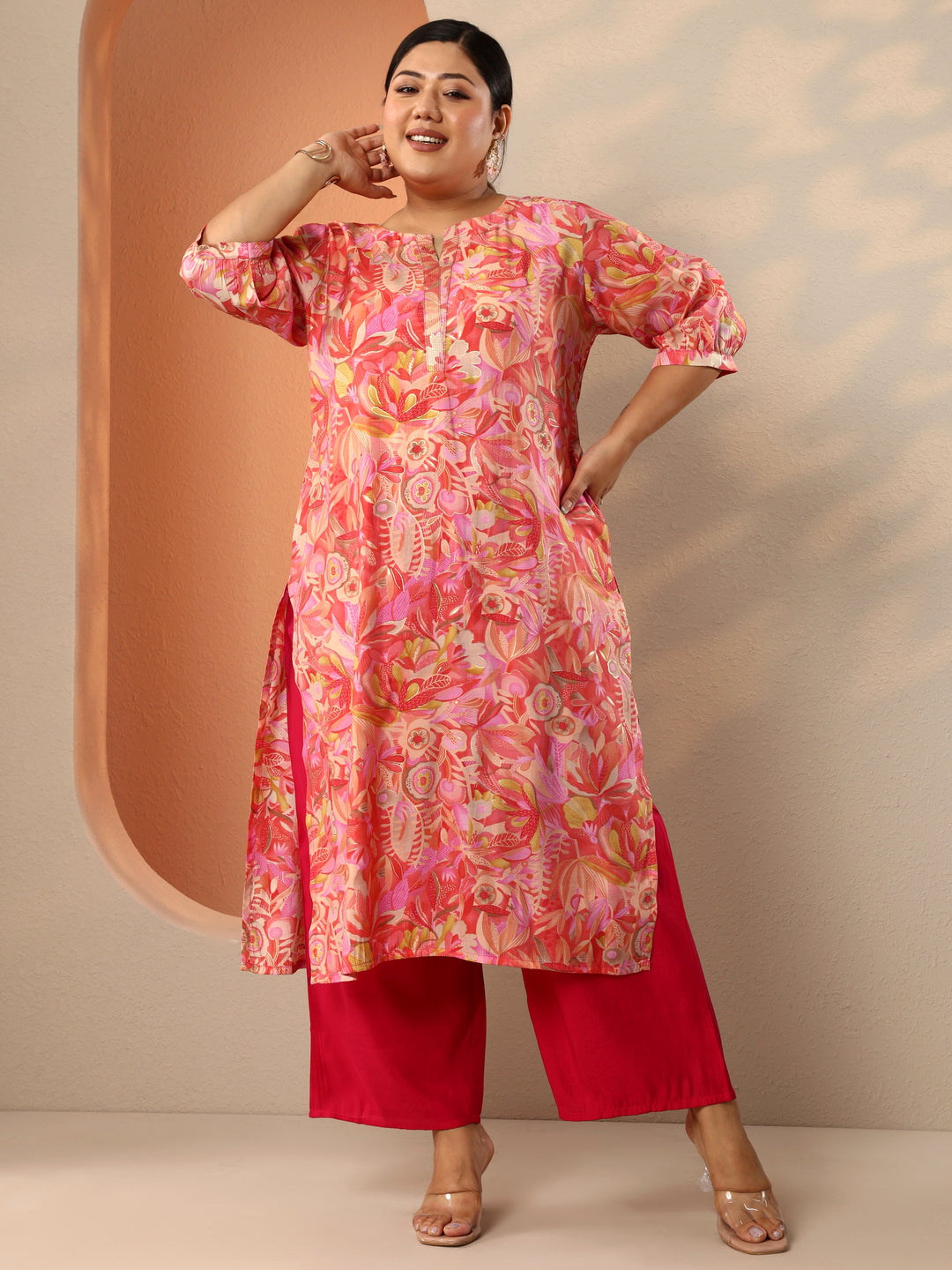 Plus Size Peach Printed Silk Blend Straight Kurta
