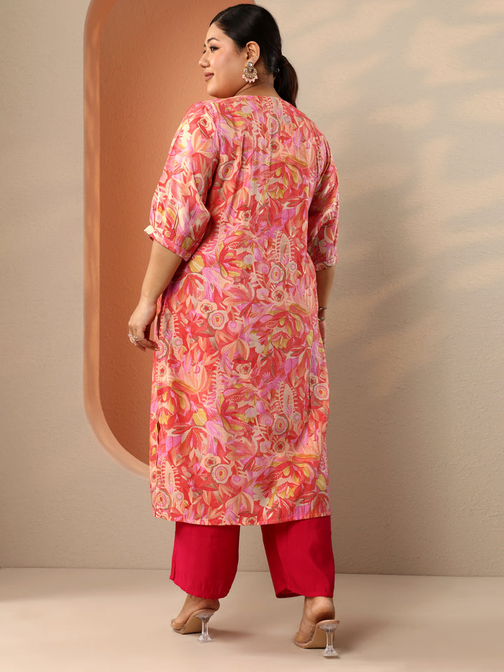 Plus Size Peach Printed Silk Blend Straight Kurta