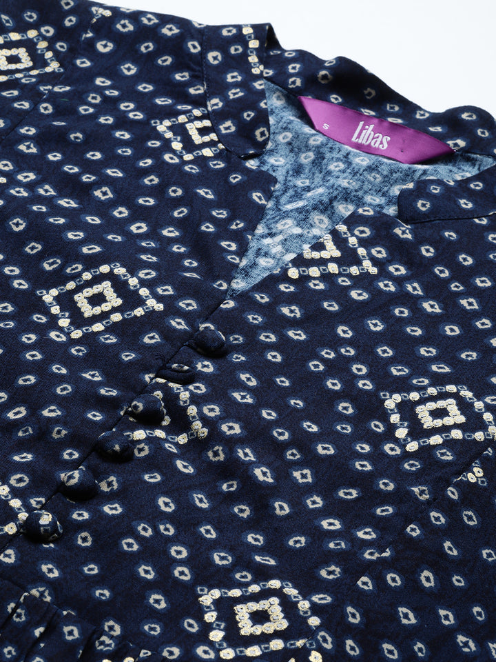 Blue Printed Rayon A-Line Kurti