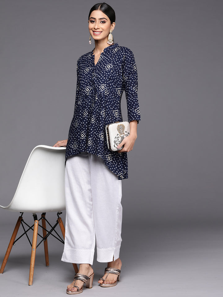 Blue Printed Rayon A-Line Kurti