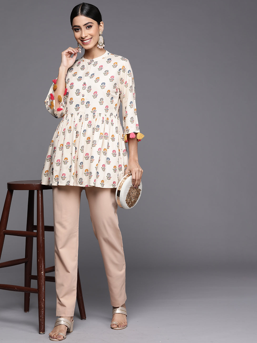 Off White Printed Rayon A-Line Kurti