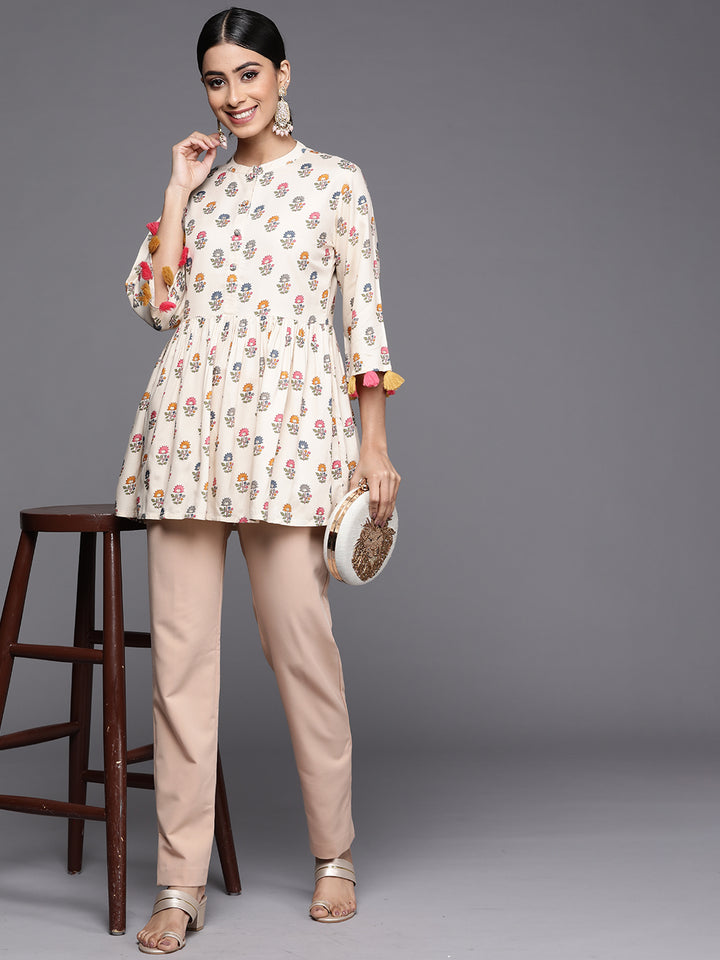 Off White Printed Rayon A-Line Kurti