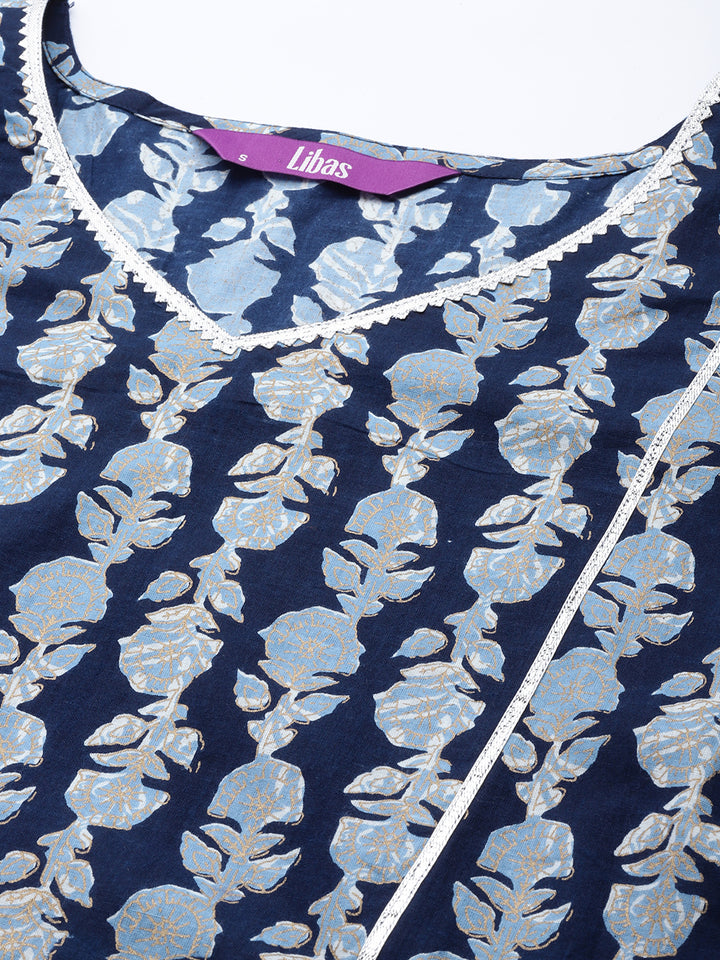 Blue Printed Cotton A-Line Kurti
