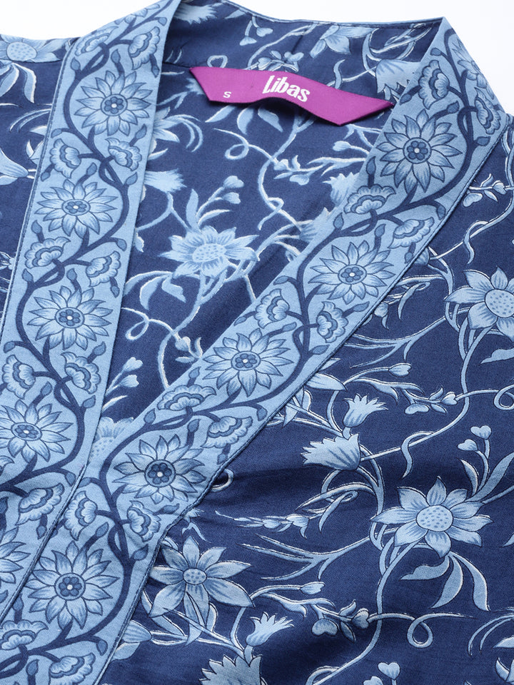 Blue Printed Cotton A-Line Kurti