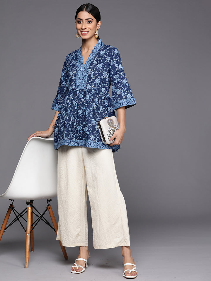 Blue Printed Cotton A-Line Kurti