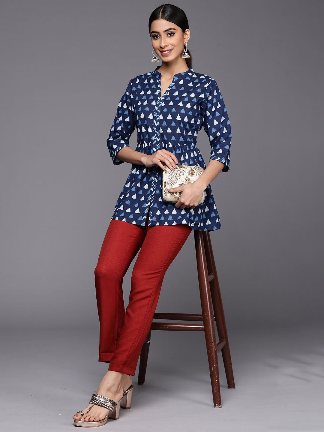 Blue Printed Cotton A-Line Kurti