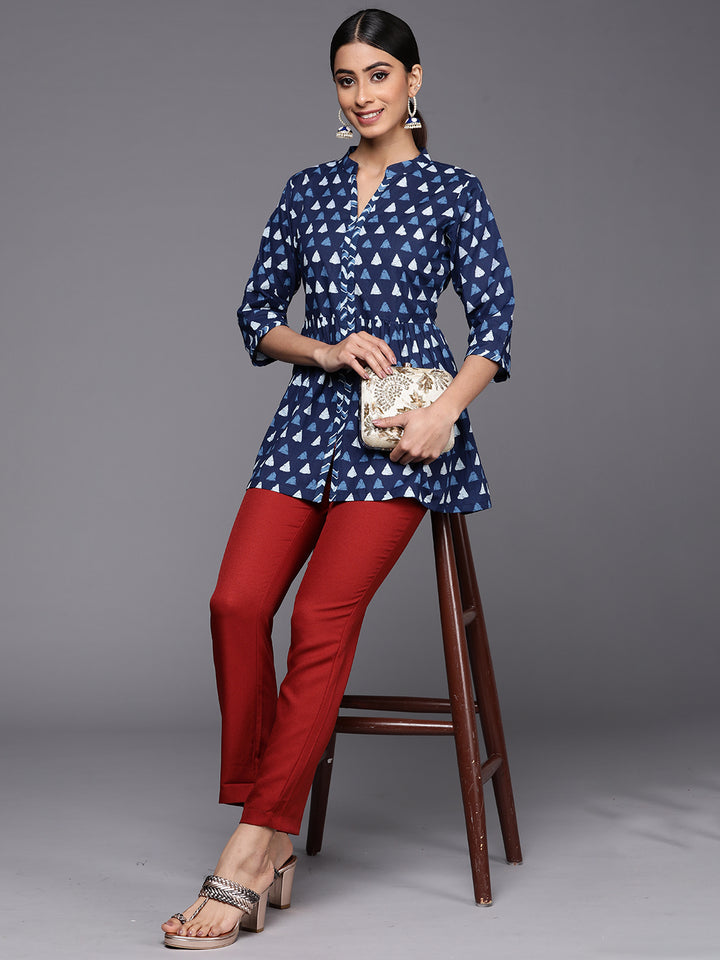 Blue Printed Cotton A-Line Kurti