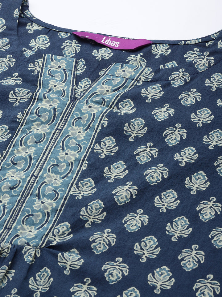 Blue Printed Cotton Pathani Kurti