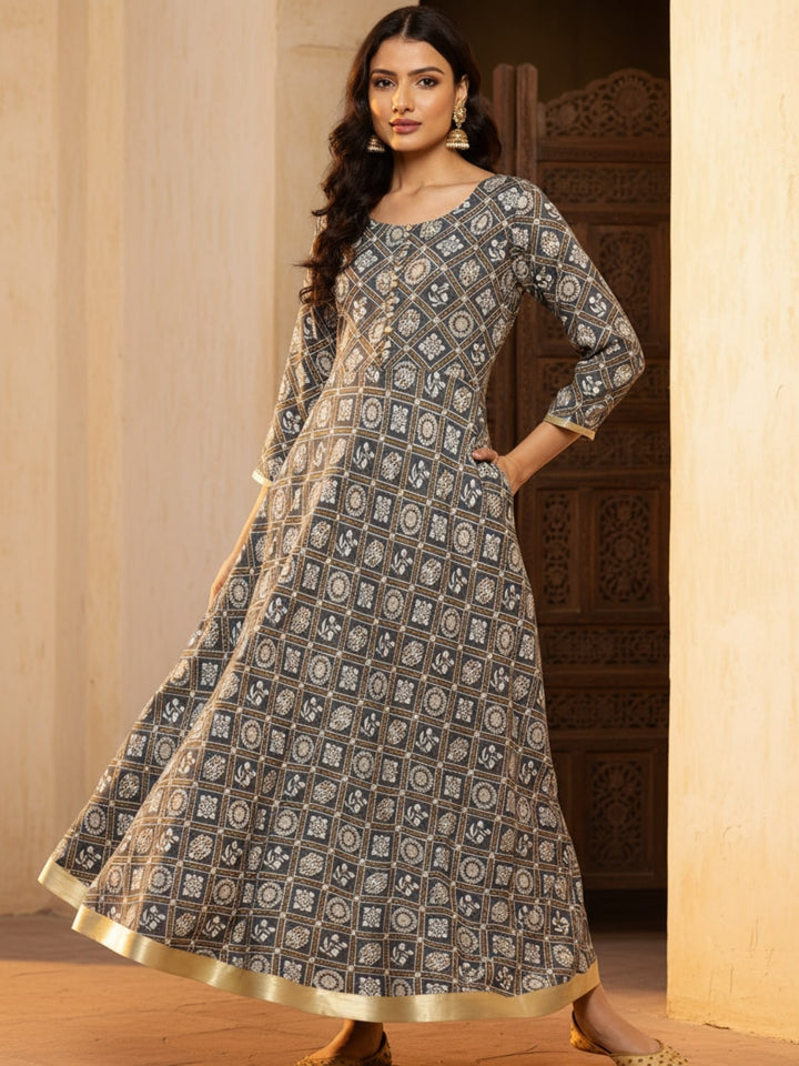 Grey Printed Rayon Fit and Flare Dress