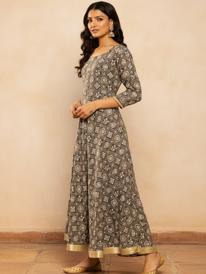Grey Printed Rayon Fit and Flare Dress