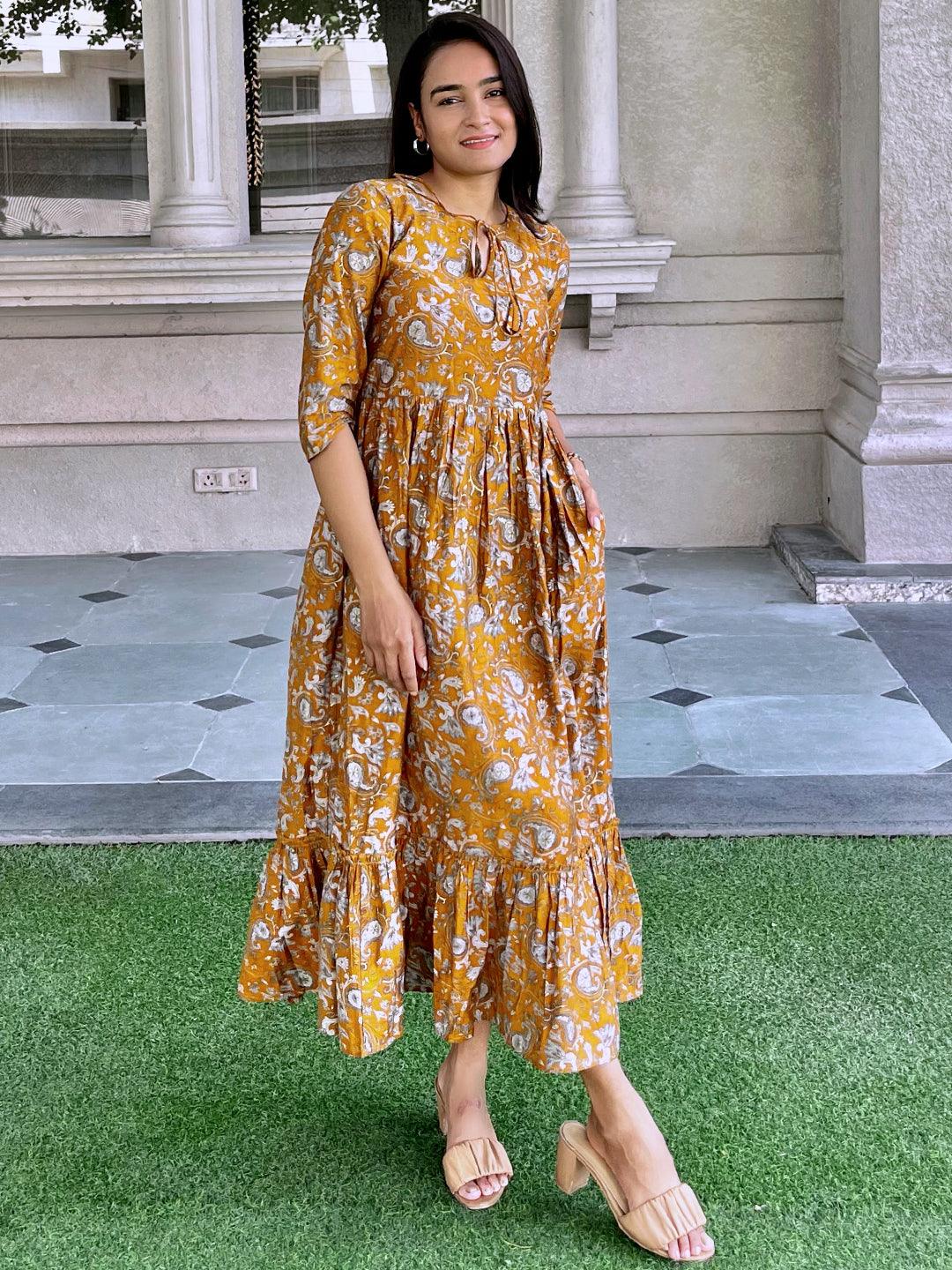 Mustard Printed Silk Fit and Flare Dress Mustard Printed Silk Fit and Flare Dress