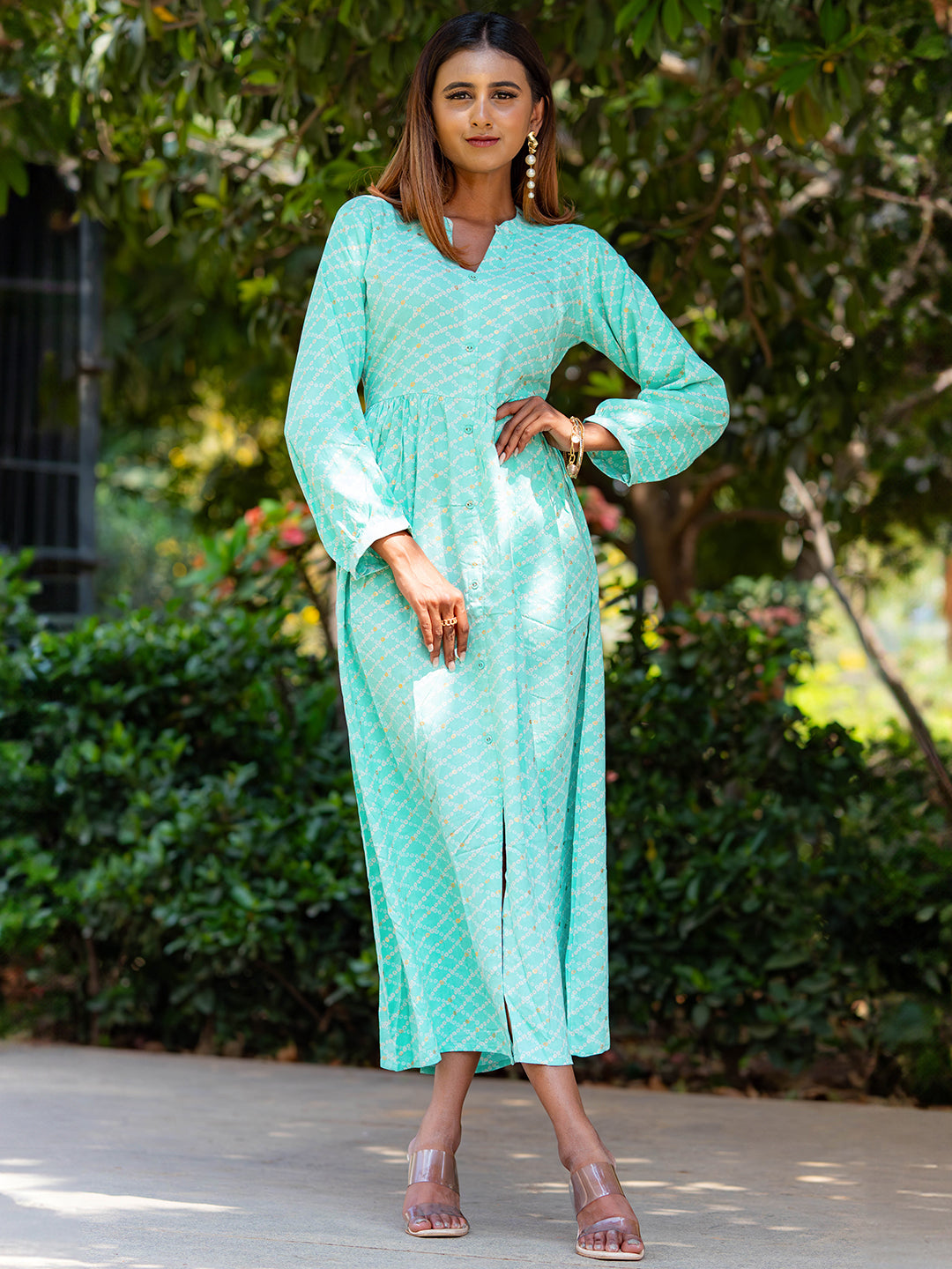 Sea Green Printed Rayon Fit and Flare Dress S Sea Green Printed Rayon Fit and Flare Dress S