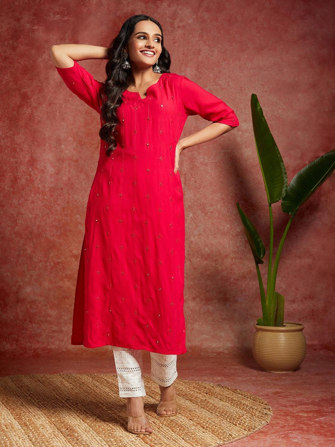 Pink Embroidered Rayon Straight Kurta - ShopLibas