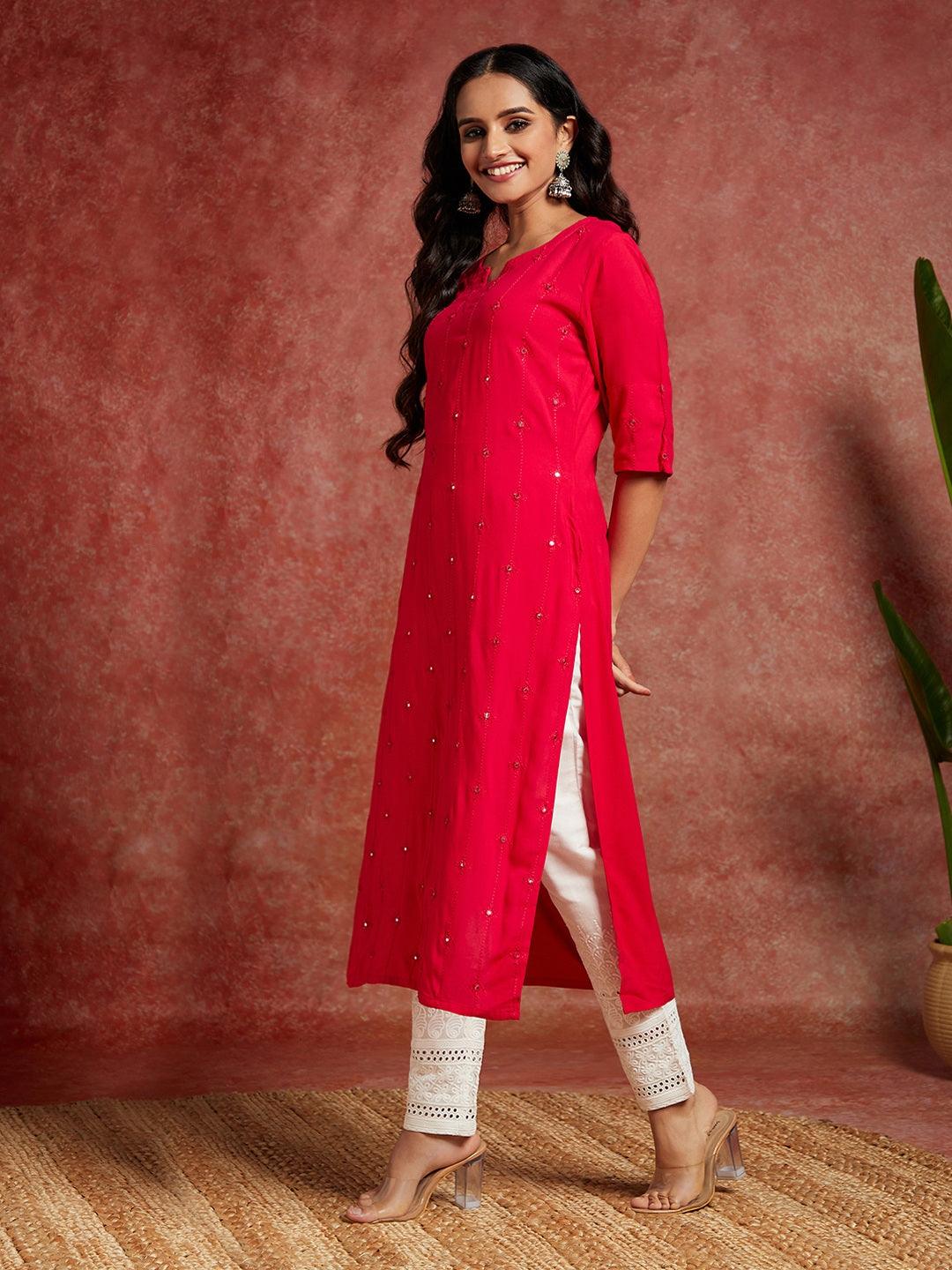 Pink Embroidered Rayon Straight Kurta - ShopLibas