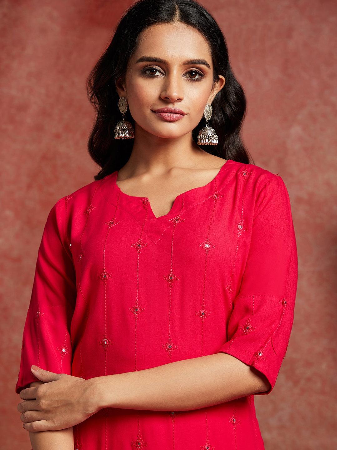 Pink Embroidered Rayon Straight Kurta - ShopLibas