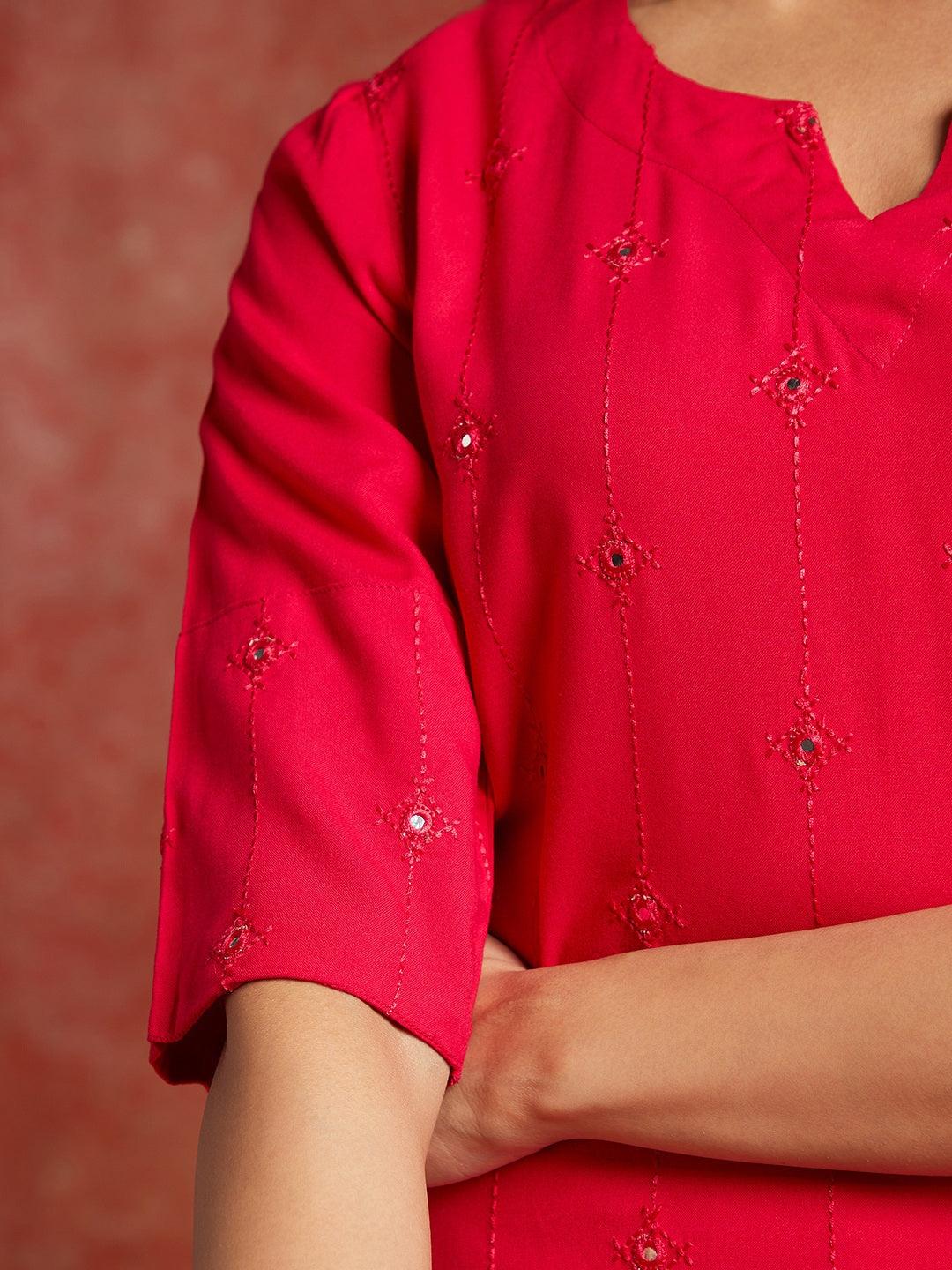 Pink Embroidered Rayon Straight Kurta - ShopLibas