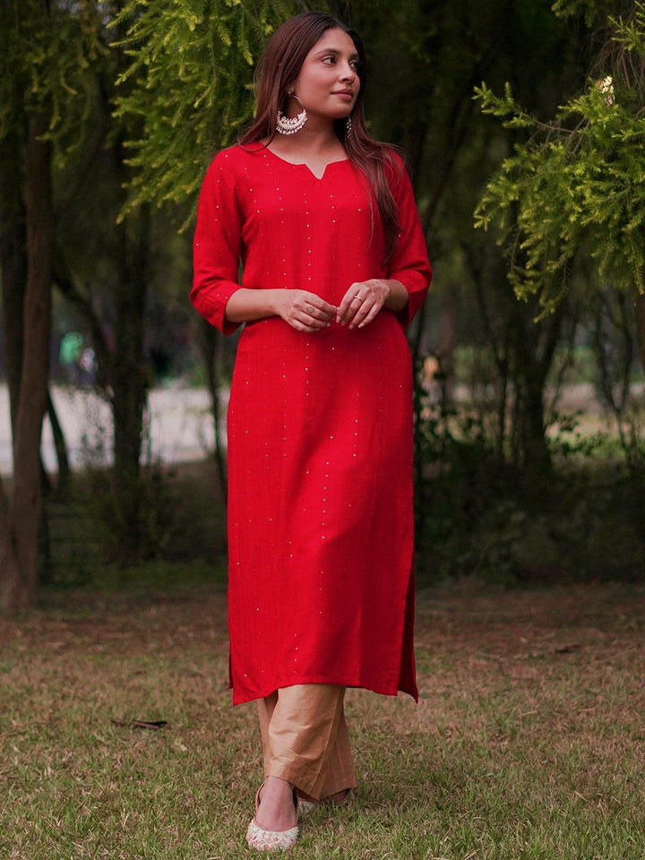 Red Embroidered Rayon Straight Kurta