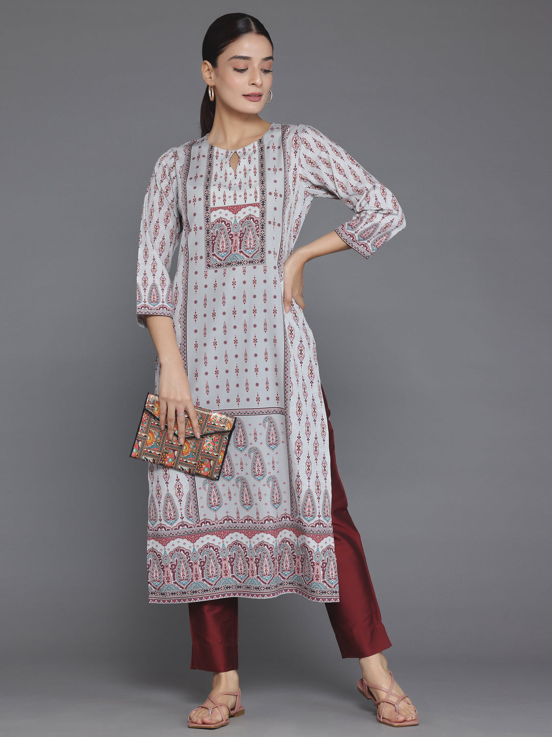 Beige Printed Crepe Straight Kurta