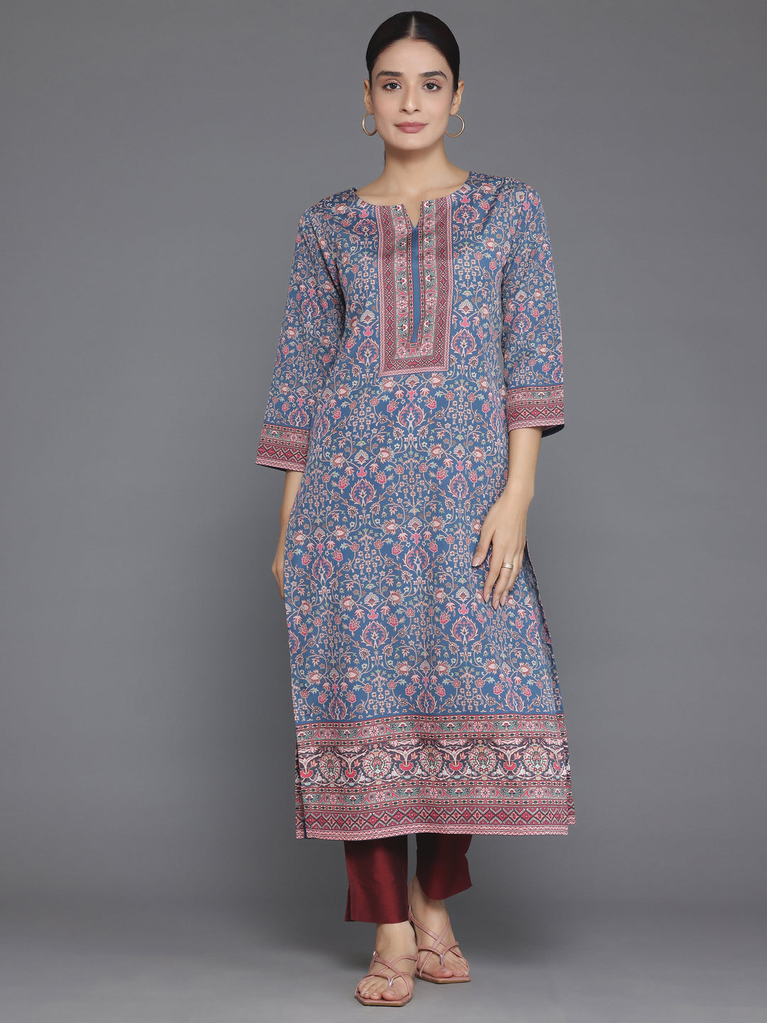 Blue Printed Crepe Straight Kurta