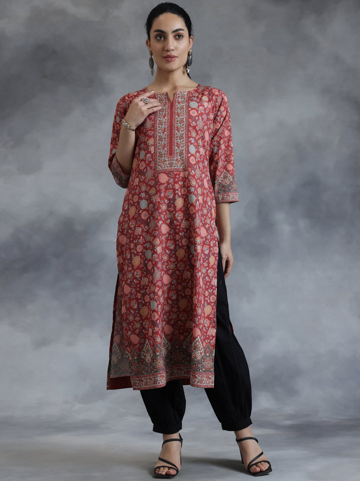Rust Printed Crepe Straight Kurta