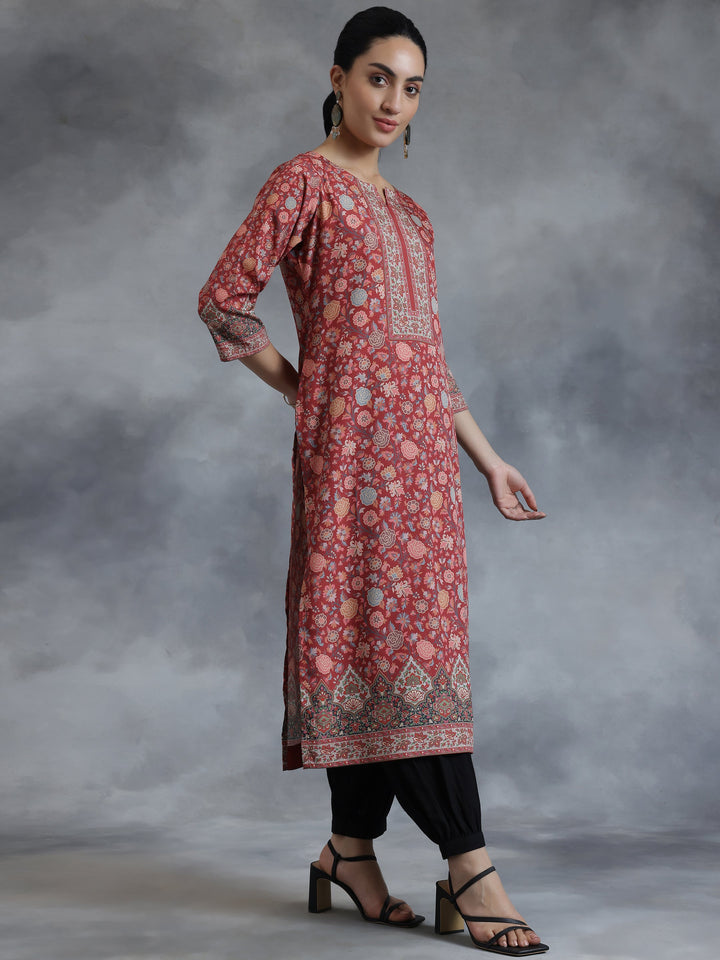 Rust Printed Crepe Straight Kurta