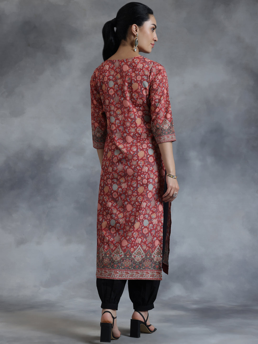 Rust Printed Crepe Straight Kurta