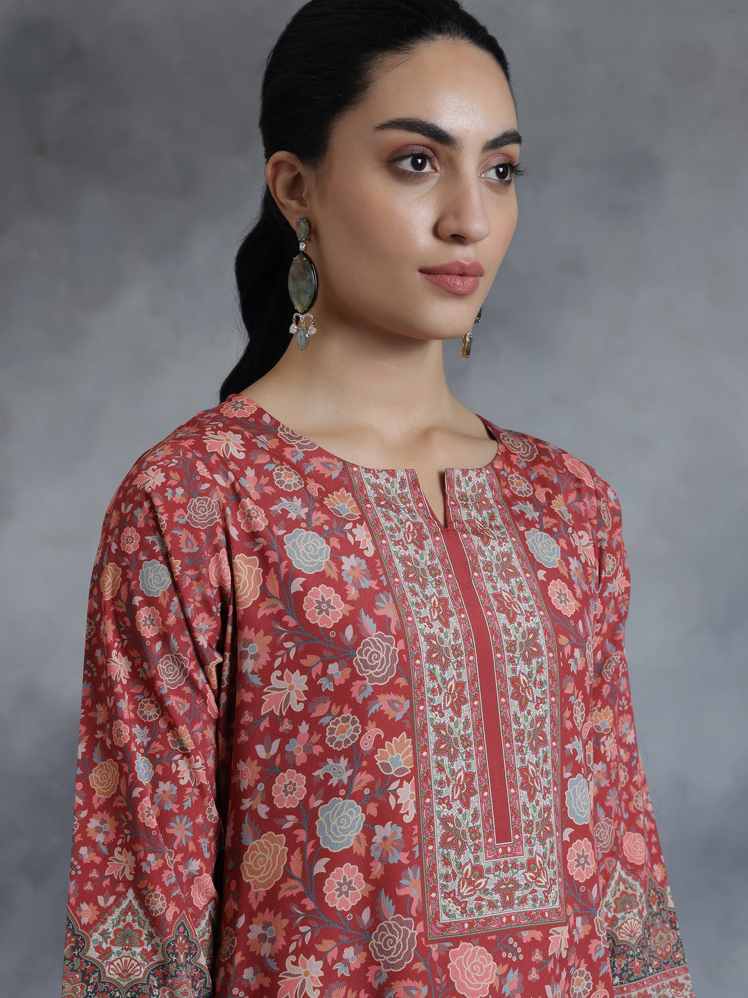 Rust Printed Crepe Straight Kurta